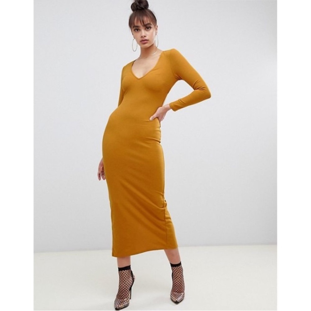 ASOS Mustard Long Sleeve V-Neck Midi Dress